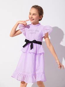 SHEIN Niñas Vestido bajo con fruncido con cinturón de cuello alto - Lila Púrpura - Ver 3