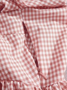 SHEIN VCAY 泡泡袖荷葉邊下擺格紋襯衫 - 紅白色 - 查看 4