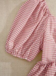 SHEIN VCAY 泡泡袖荷葉邊下擺格紋襯衫 - 紅白色 - 查看 6