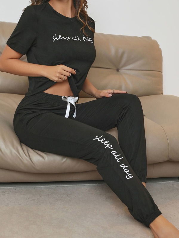 SHEIN Slogan Graphic Tee & Bow Front Pants Lounge Set Outfit