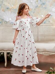SHEIN Girls Cherry Print Puff Sleeve Dress - White - View 2
