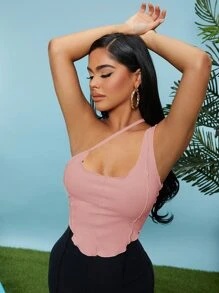 SHEIN SXY Solid One Shoulder Crop Top - Baby Pink - View 1