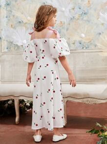 SHEIN Girls Cherry Print Puff Sleeve Dress - White - View 3