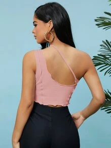 SHEIN SXY Solid One Shoulder Crop Top - Baby Pink - View 2