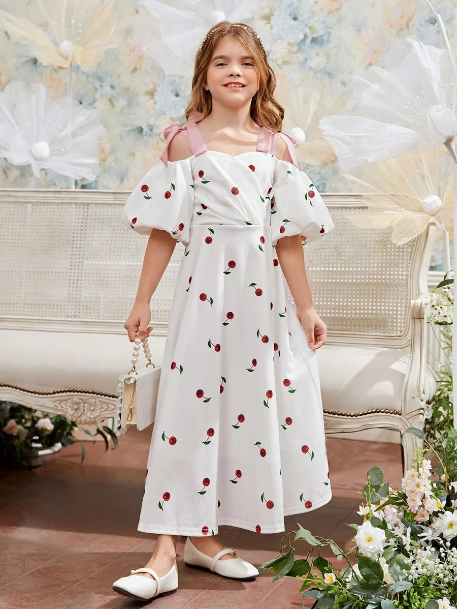 SHEIN Girls Cherry Print Puff Sleeve Dress - White - View 1