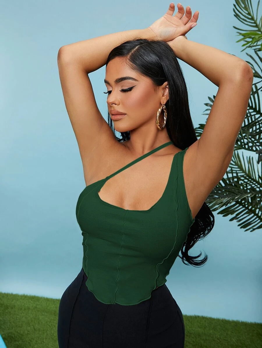 SHEIN SXY Solid One Shoulder Crop Top - Dark Green - View 1