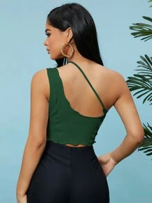 SHEIN SXY Solid One Shoulder Crop Top - Dark Green - View 2