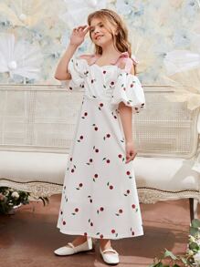 SHEIN Girls Cherry Print Puff Sleeve Dress - White - View 5