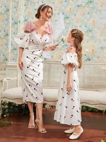 SHEIN Girls Cherry Print Puff Sleeve Dress - White - View 6