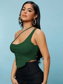 SHEIN SXY Solid One Shoulder Crop Top - Dark Green - View 3