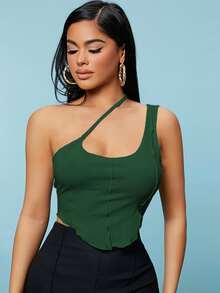 SHEIN SXY Solid One Shoulder Crop Top - Dark Green - View 6