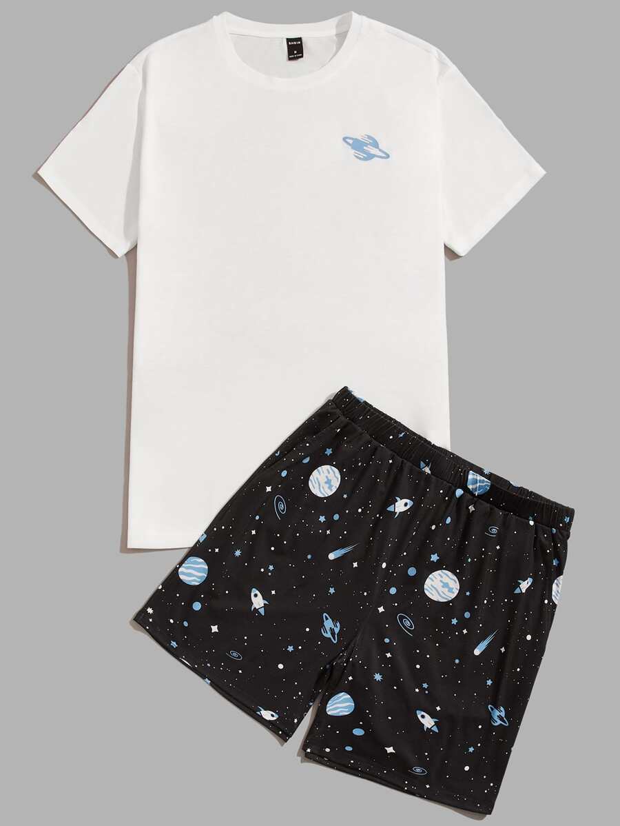 SHEIN Men Tee & Galaxy Print Shorts Lounge Set - Multicolor - View 1