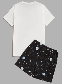 SHEIN Men Tee & Galaxy Print Shorts Lounge Set - Multicolor - View 2