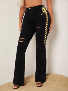 SHEIN SXY Lace Up Bootcut Jeans - Black - View 4
