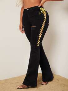 SHEIN SXY Lace Up Bootcut Jeans - Black - View 5