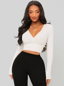 SHEIN SXY Surplice Neck Crop Tee - White - View 1