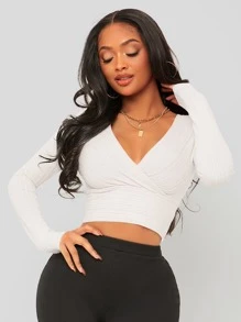 SHEIN SXY Surplice Neck Crop Tee - White - View 3