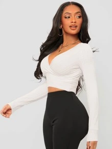 SHEIN SXY Surplice Neck Crop Tee - White - View 4