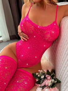 Rhinestone Studded Teddy Bodysuit With 1pair Stocking, Lingerie - Hot Pink - View 4
