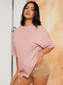 SHEIN SXY Áo thun nữ màu trơn Giải trí - Bụi hồng - Xem 6