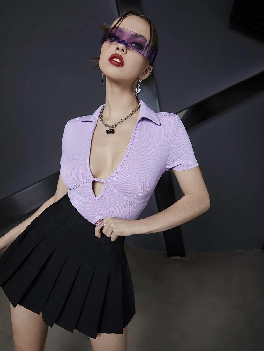 Ribbed Knit Cutout Collared Bodysuit - Lilac Purple - View 1