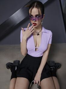 Ribbed Knit Cutout Collared Bodysuit - Lilac Purple - View 3