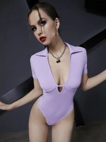 Ribbed Knit Cutout Collared Bodysuit - Lilac Purple - View 6