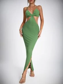 SHEIN Tall Ruched Bust Split Thigh Backless Bodycon Dress - Green - View 1