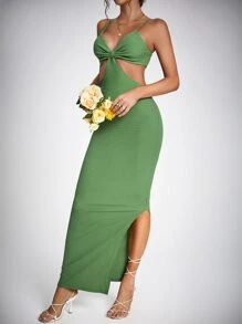 SHEIN Tall Ruched Bust Split Thigh Backless Bodycon Dress - Green - View 3