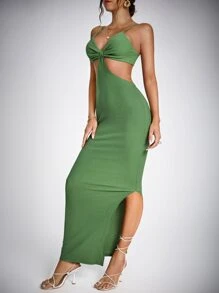 SHEIN Tall Ruched Bust Split Thigh Backless Bodycon Dress - Green - View 4