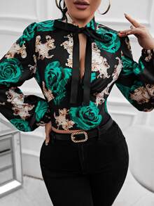 SHEIN SXY Áo sơ mi nữ Thắt nơ trước Hoa Baroque Gợi cảm - Nhiều màu - Xem 3