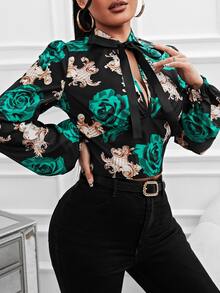SHEIN SXY Áo sơ mi nữ Thắt nơ trước Hoa Baroque Gợi cảm - Nhiều màu - Xem 4