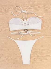 SHEIN Swim 素色比基尼套裝環鏈吊脖文胸和丁字褲下裝2入組泳衣 - 白色 - 查看 3