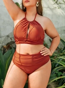 大尺碼純色露肩高腰比基尼套裝，夏日沙灘必備 - 鏽棕色 - 查看 1