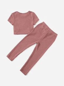 SHEIN Conjunto De Camiseta De Punto De Gofre Y Pantalones De Cintura Con Lazo Para Niña Joven - Rosa vieja - Ver 2
