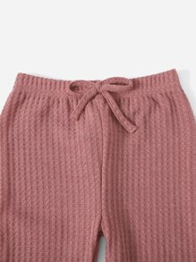 SHEIN Conjunto De Camiseta De Punto De Gofre Y Pantalones De Cintura Con Lazo Para Niña Joven - Rosa vieja - Ver 3