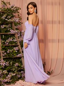 SHEIN Belle 一字肩胸部扭結荷葉袖伴娘洋裝