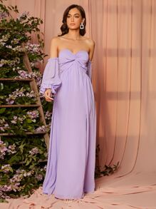 SHEIN Belle 一字肩胸部扭結荷葉袖伴娘洋裝