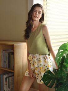 SHEIN Unity 背心上衣和花卉圖案打結細節短褲睡衣套裝 - 彩色 - 查看 1