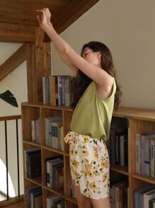 SHEIN Unity 背心上衣和花卉圖案打結細節短褲睡衣套裝 - 彩色 - 查看 8