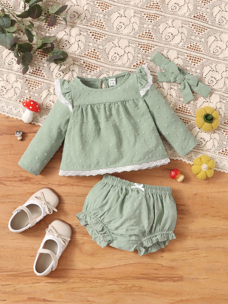 SHEIN 嬰兒蕾絲邊圓點上衣和木耳邊短褲套裝 - 薄荷綠 - 查看 1