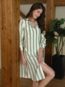 SHEIN Unity Váy ngủ & áo ngủ Nữ Túi Nút phía trước Sọc Giải trí - Nhiều màu - Xem 3