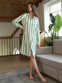 SHEIN Unity Váy ngủ & áo ngủ Nữ Túi Nút phía trước Sọc Giải trí - Nhiều màu - Xem 5