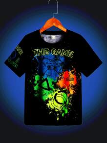 SHEIN Leap Crew Camiseta Reflectante Con Gráficos De Letras Para Niños En La Preadolescencia - Negro - Ver 1