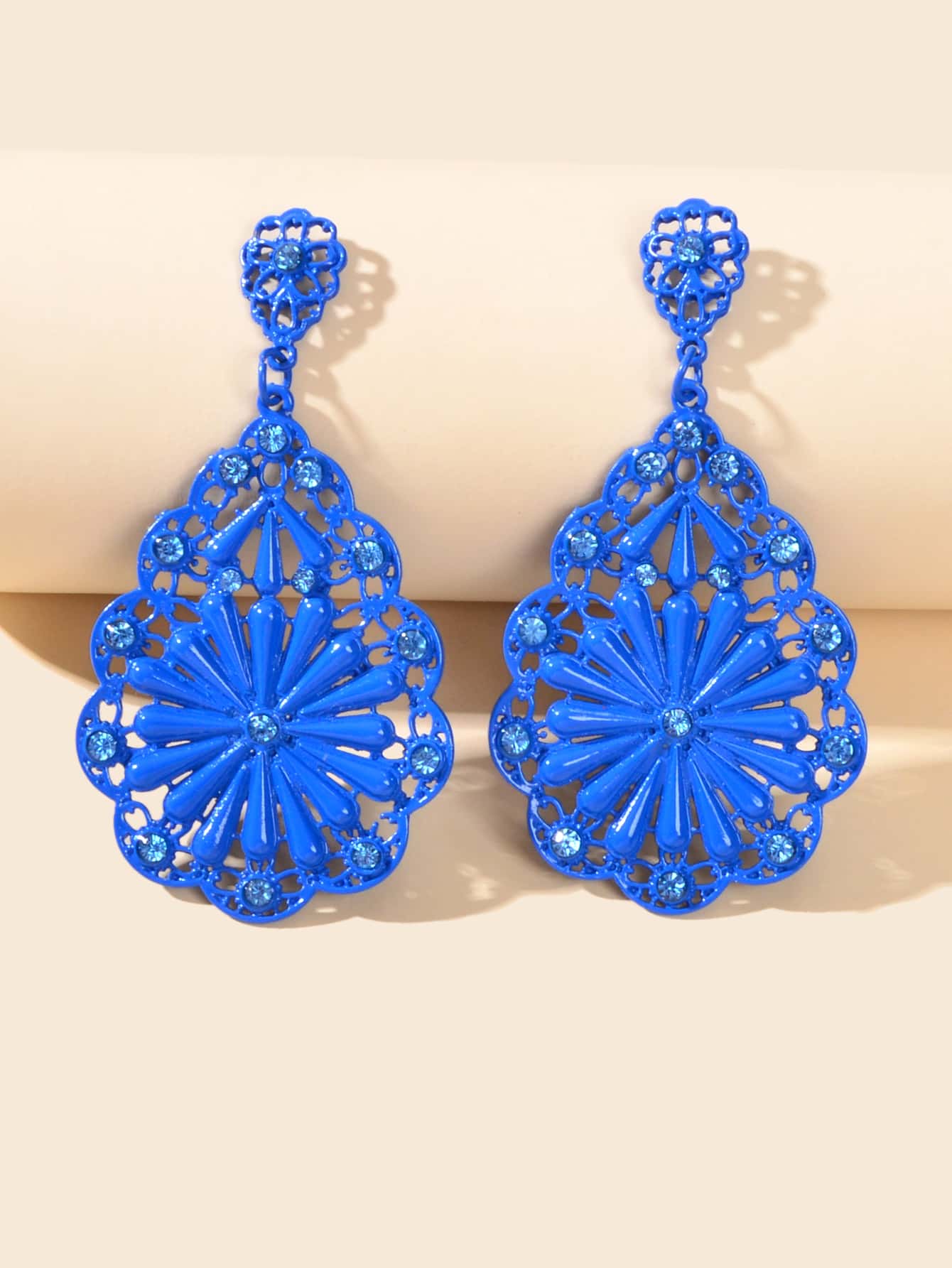 水鑽裝飾花耳墜 - 藍色 - 查看 1