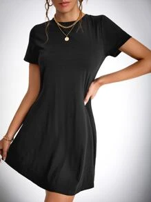 SHEIN Tall Solid Tee Dress,Tea Party Dress,Summer Dresses For Women - Black - View 3