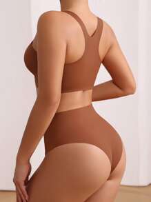 平口無痕胸圍與褲襪內衣套裝 - 棕色 - 查看 2
