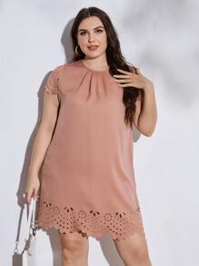 SHEIN Clasi Plus Scallop Trim Laser Cut Tunic Dress - Dusty Pink - View 1
