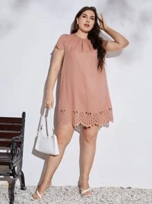 SHEIN Clasi Plus Scallop Trim Laser Cut Tunic Dress - Dusty Pink - View 3