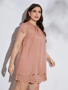SHEIN Clasi Plus Scallop Trim Laser Cut Tunic Dress - Dusty Pink - View 4